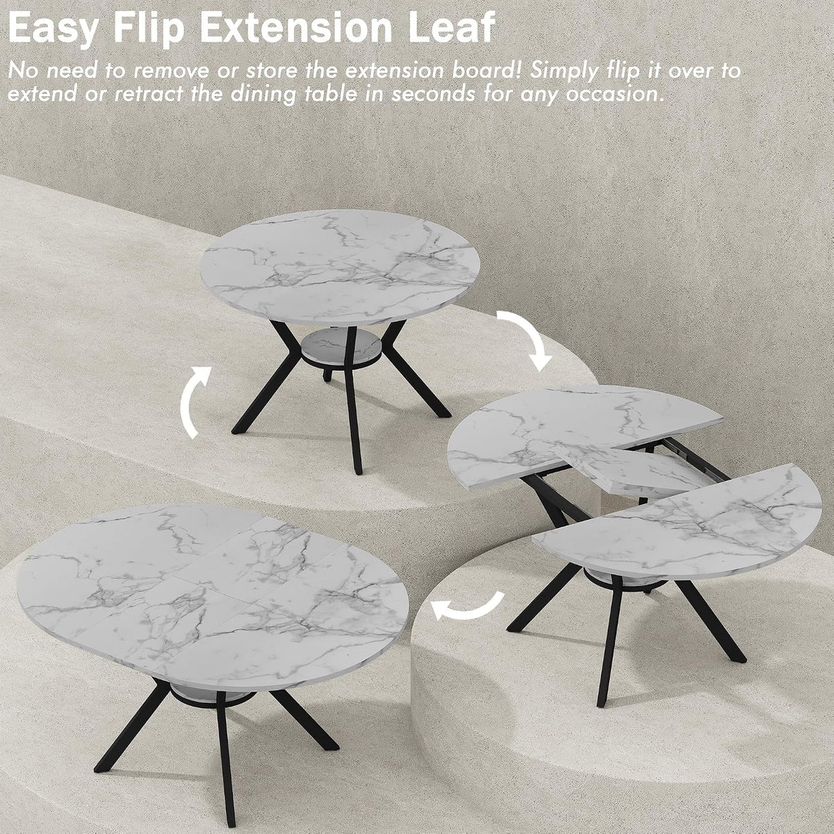 42"-58" Round Extendable Dining Table for 4-6, Kitchen Oval Table with Hidden Leaves & Storage Shelf, Space Saving Modern Design with Sturdy Metal Legs for Kitchen, Dining Room & Small Apartments