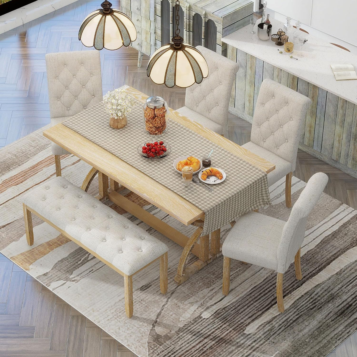 Merax 6-Piece Solid Wood Dining Table Set for 6, Solid Wood Rectangular Kitchen Table Set with 4 Upholstered Chairs and 1 Bench, Dining Room, Kitchen, Natural Wood Wash