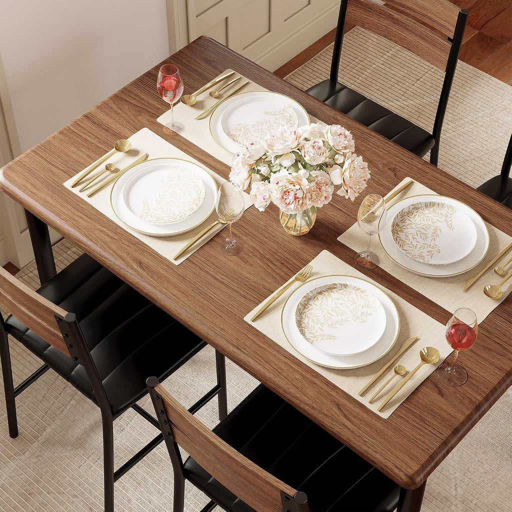 IRONCK Dining Table Set for 4, Walnut | Wood Kitchen Table with Upholstered Chairs for Kitchen Room and Small Spaces