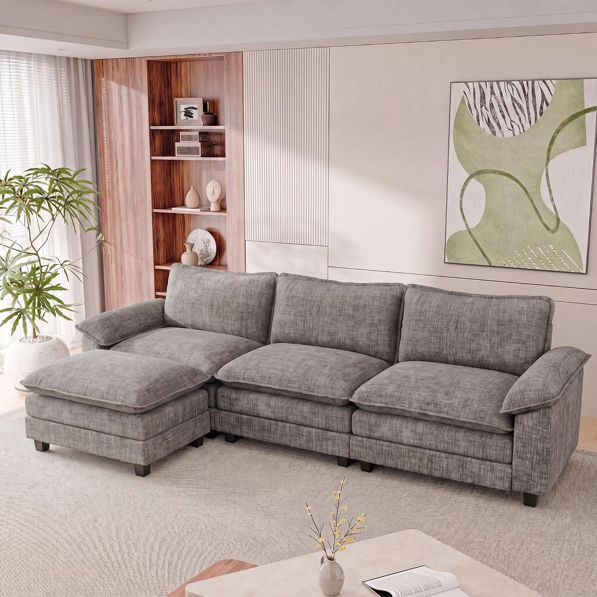 Homall 118.9" L Shaped Cloud Couch, Modular Sectional Sofa for Living Room | Comfy Chenille, Movable Ottoman, 30" Deep Seat, Washable Cover, Sturdy Frame, High-Density Foam, Easy Assembly, Light Grey
