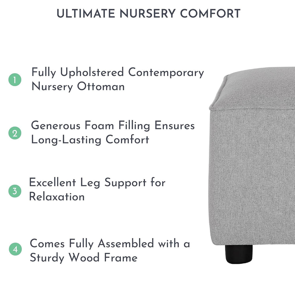 Evolur Holland Upholstered Ottoman in Light Grey, Foot Rest Stool for Nursing Moms, Tool-Free Assembly, Made for Every Décor