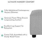 Evolur Holland Upholstered Ottoman in Light Grey, Foot Rest Stool for Nursing Moms, Tool-Free Assembly, Made for Every Décor