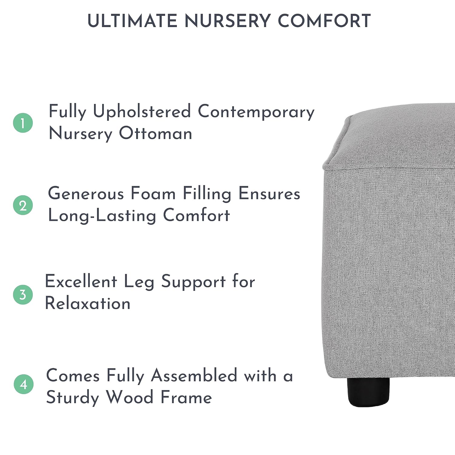Evolur Holland Upholstered Ottoman in Light Grey, Foot Rest Stool for Nursing Moms, Tool-Free Assembly, Made for Every Décor
