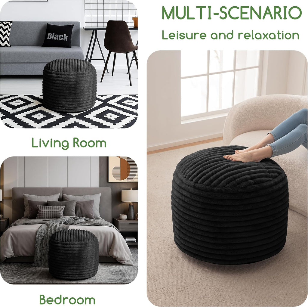 HIGOGOGO Round Stuffed Pouf Ottoman, Corduroy Poufs with High-Density Foam Filling, Furry and Fluffy Pouf Foot Stool Storage Ottoman, 20 X 15 Floor Poufs Foot Rest for Living Room, Black