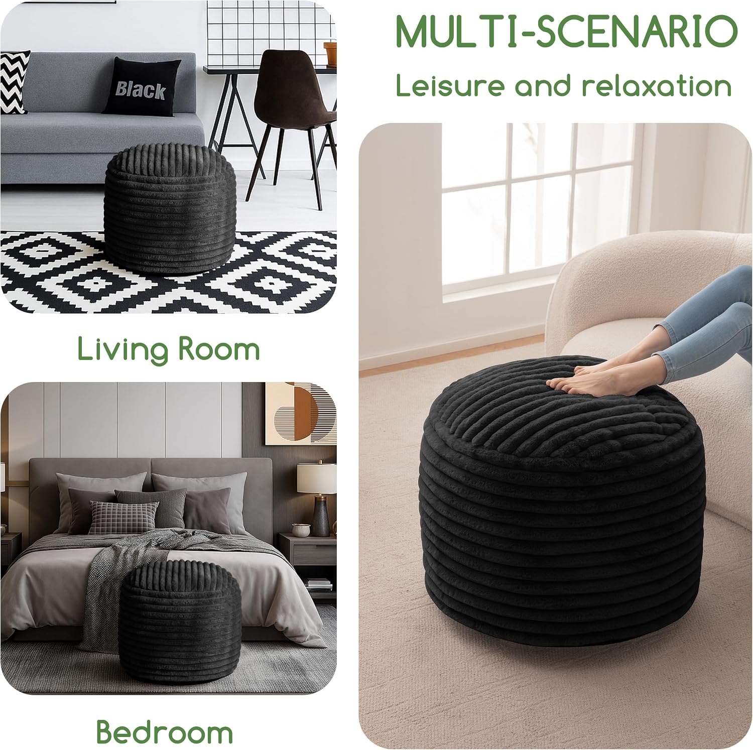 HIGOGOGO Round Stuffed Pouf Ottoman, Corduroy Poufs with High-Density Foam Filling, Furry and Fluffy Pouf Foot Stool Storage Ottoman, 20 X 15 Floor Poufs Foot Rest for Living Room, Black