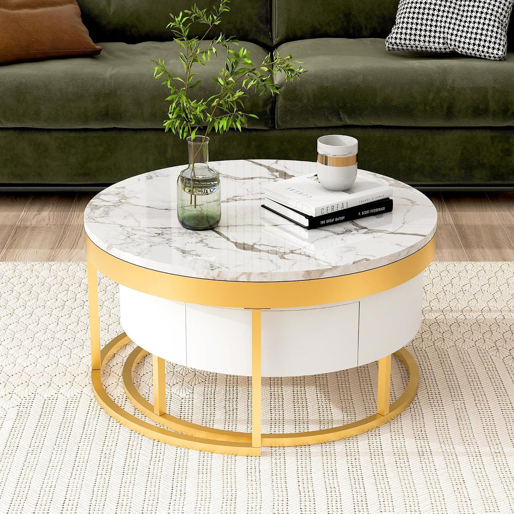 32" Space Saving Nesting End Table, Nesting End Tables with Storage Drawers, Coffee Table Set with Sleek Modern Design for Versatile Home Usage, Golden+White