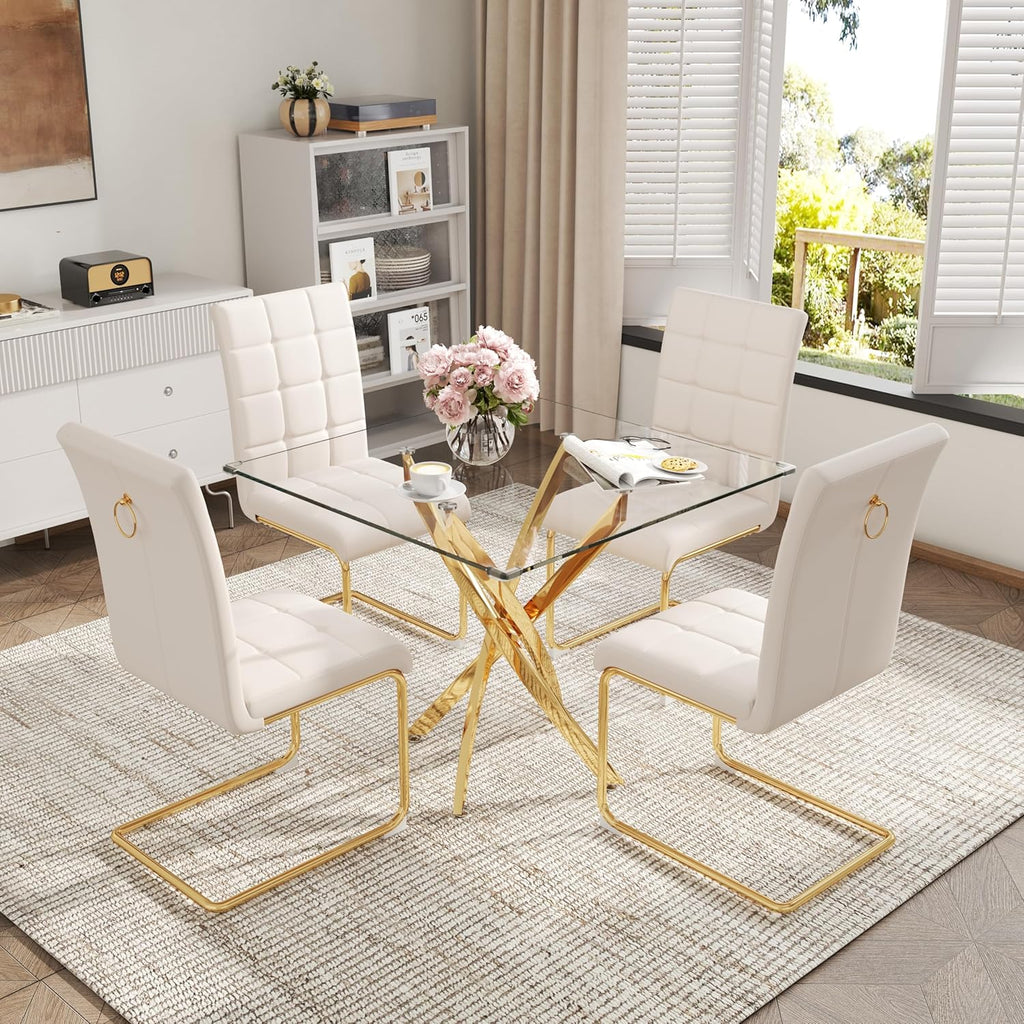 AF ARTISAN FURNITURE 5 Piece Square Glass Dining Table Set, Gold Glass Kitchen Table Set for 4 Modern Table Set with 4 White PU Upholstered Dining Chairs, for Small Space, Breakfast Nook