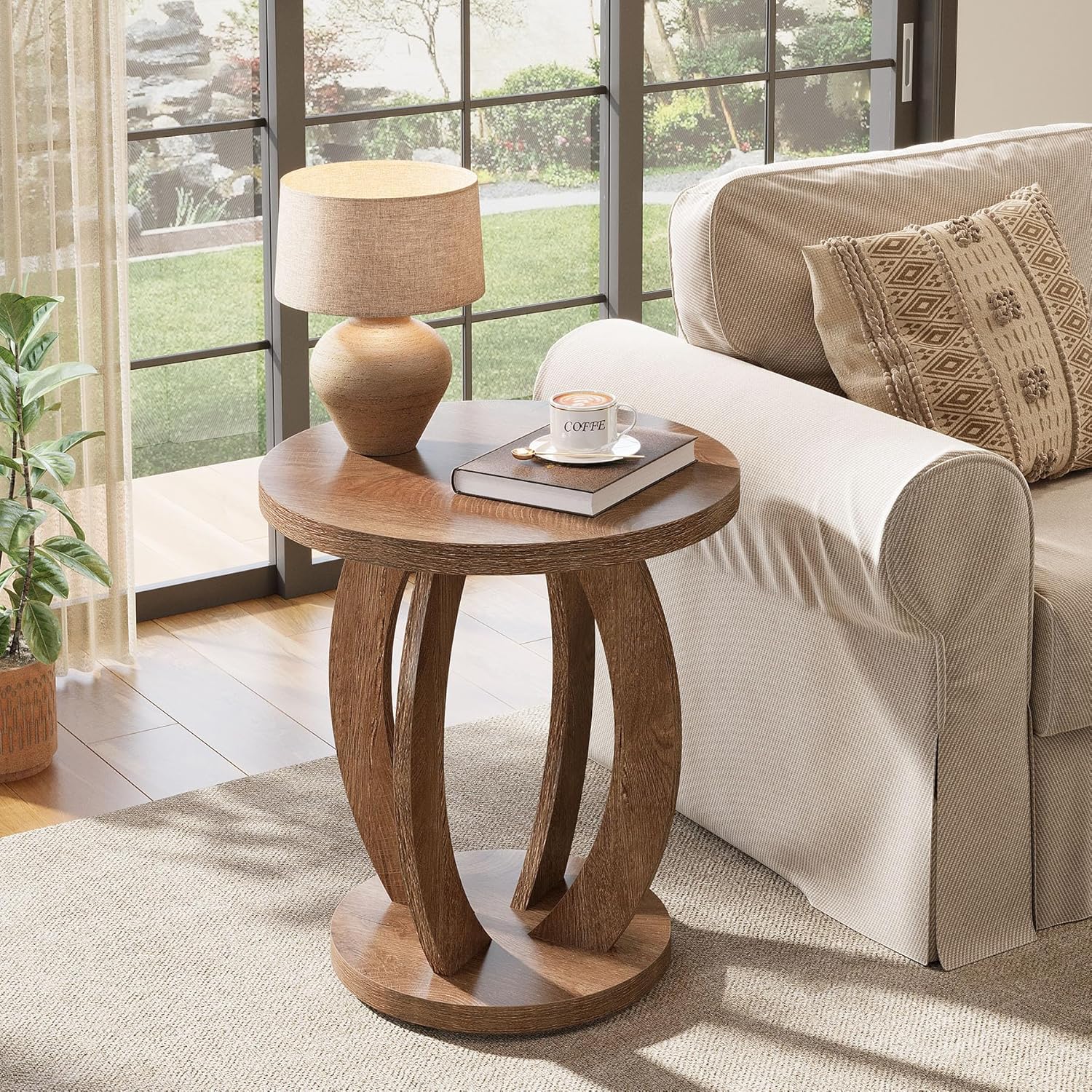 Tribesigns End Table, Round Side Table with Storage, Farmhouse Nightstand Bedside with Round Tabletop, Accent End Table for Living Room Bedroom Small Space, Wooden Accent Furniture, Rustic Brown