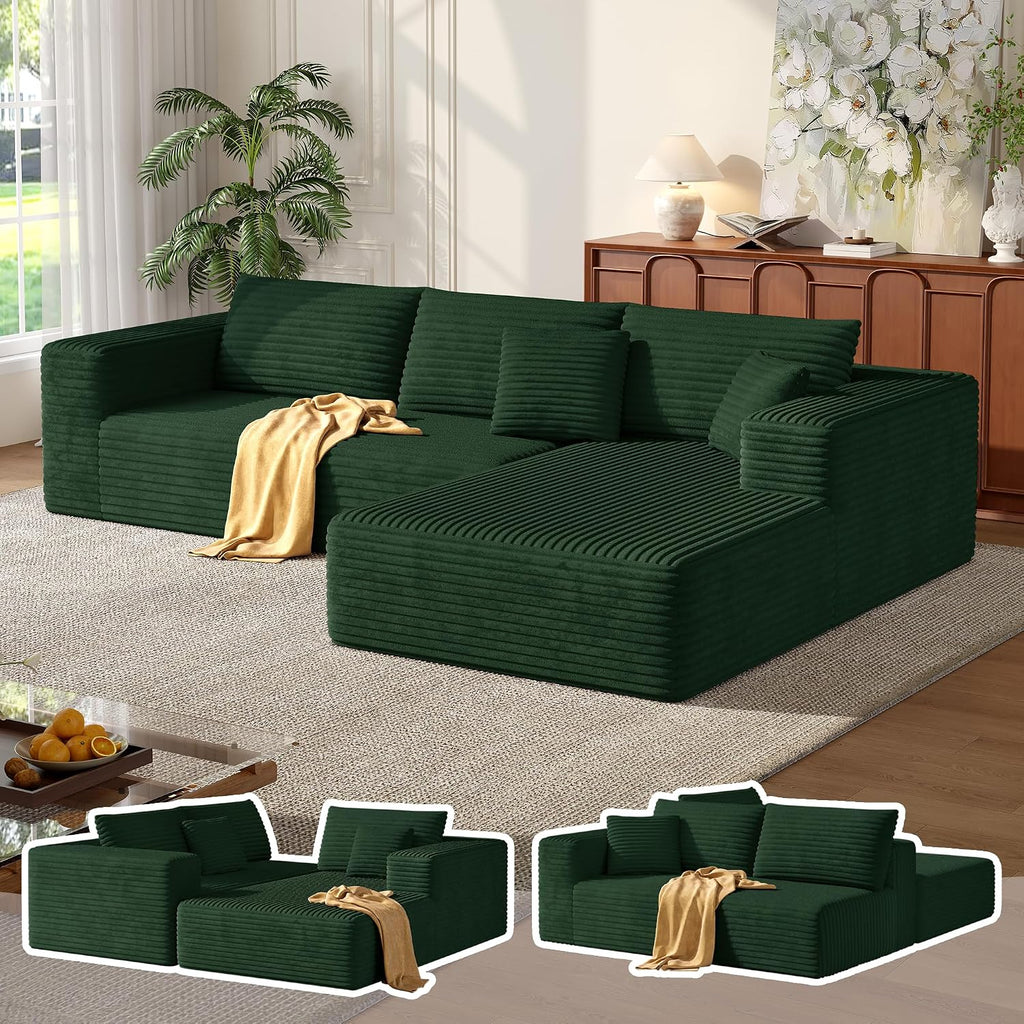 MoonSpeak 107" Sectional Couches for Living Room.Deep Seat Corduroy L Shaped Modular Sofa.Cloud Sectional Sofa.Upholstered Couches with Oversized Chaise(Green,Right Chaise)