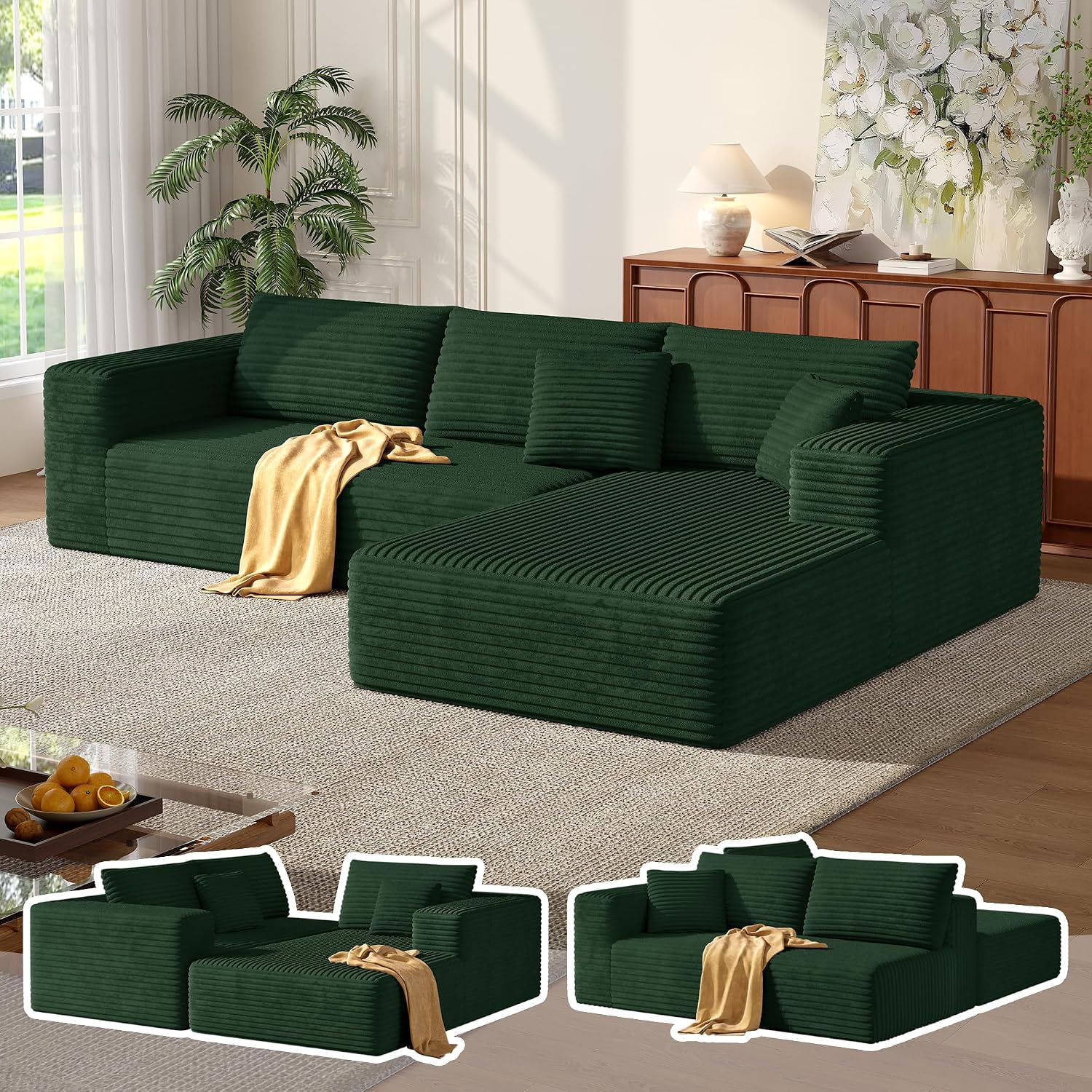 MoonSpeak 107" Sectional Couches for Living Room.Deep Seat Corduroy L Shaped Modular Sofa.Cloud Sectional Sofa.Upholstered Couches with Oversized Chaise(Green,Right Chaise)