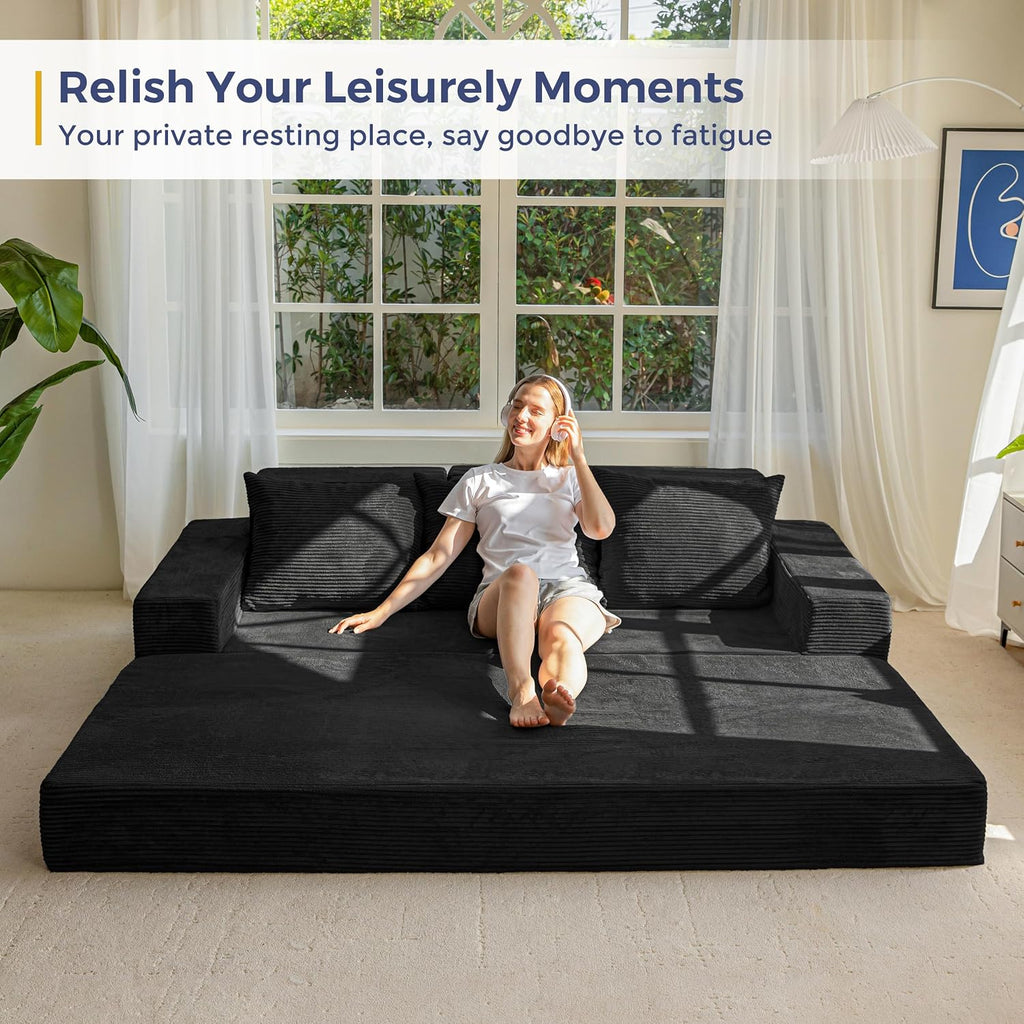 MAXYOYO Sofa Bed, 80-Inch Oversized Loveseat, 2 Cup Holders | Corded Black 4-in-1 Couch Converts Into a Floor Sofa or Chair; Sofa-in-a-Box Design Requires No Assembly.