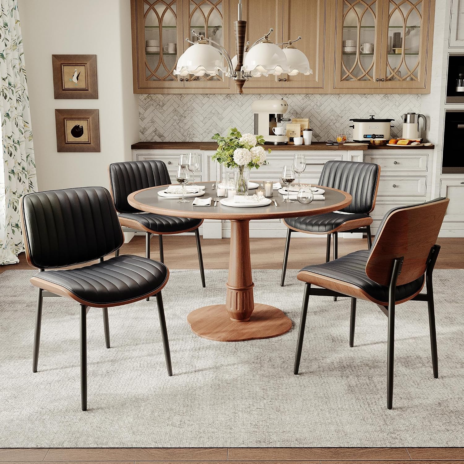 MALOL Leather Dining Chairs Set of 4, Modern Upholstered Dining Room Kitchen Chairs with Metal Legs and Wooden Back Support for Home Dining Room/Restaurant, Black