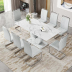 White Faux Marble Dining Table for 6/7/8｜Modern Luxury Dining Room Table｜71" Large Rectangular Kitchen Table with 0.4" Thick Tempered Glass Top for Family Gatherings