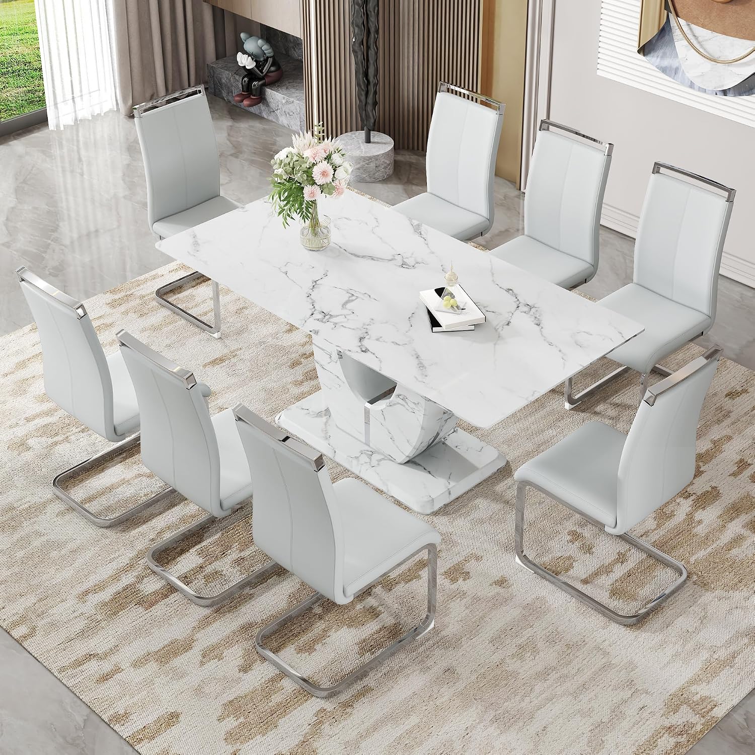 White Faux Marble Dining Table for 6/7/8｜Modern Luxury Dining Room Table｜71" Large Rectangular Kitchen Table with 0.4" Thick Tempered Glass Top for Family Gatherings