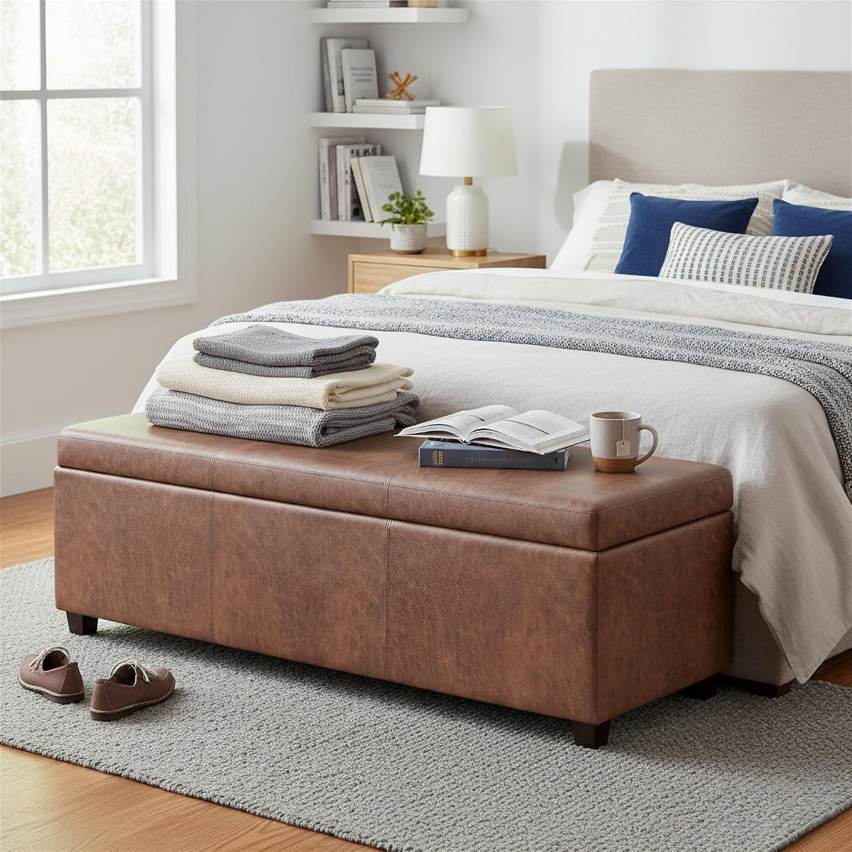SIMPLIHOME Avalon 54" Vegan Leather Ottoman in Distressed Pecan Brown