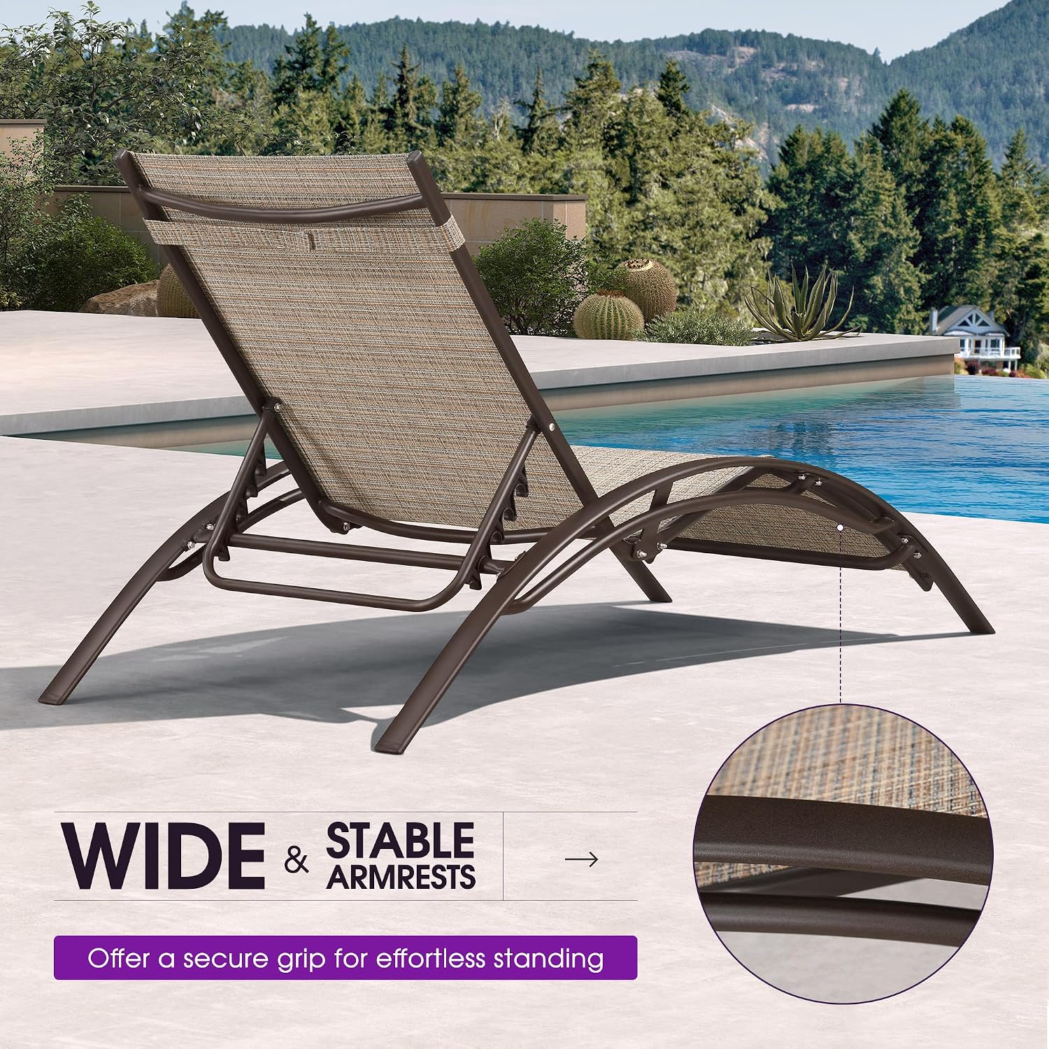 PURPLE LEAF Oversized Pool Chaise Lounge with Table Bronze Aluminum, Khaki | 2 Chaise + 1 Table, UV Textilene Fades Less, S-Curve Backrest with Arm, 5 Recline Angles, Adjustable Headrest, Stackable