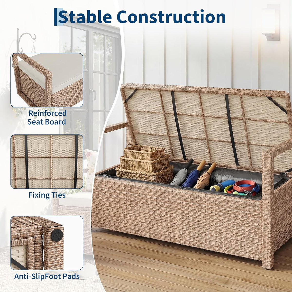GarveeLife Wicker Storage Ottoman with Cushion, Indoor Outdoor Rattan Storage Stool, Iron Frame with WPC Top, Waterproof Seat Cushion, Patio Balcony Living Room Furniture, Yellow Rattan