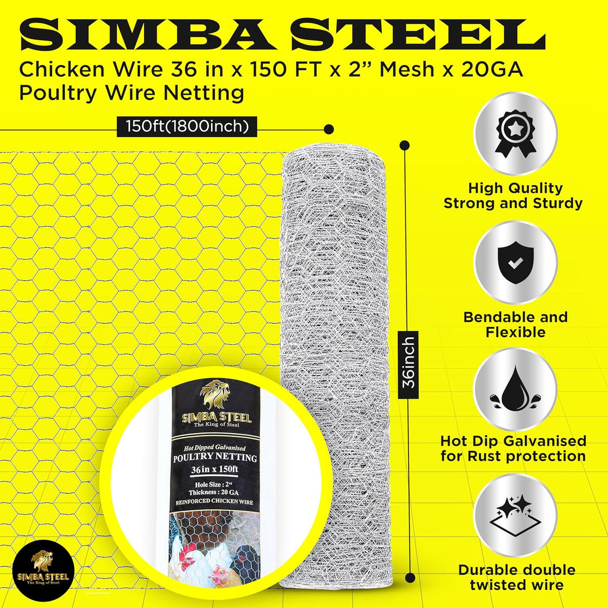 Chicken Wire 36 in x 150 FT x 2” Mesh x 20GA | Poultry Wire Netting | Hot Dipped Galvanised | Hexagonal Galvanized Mesh for Chicken Coop, Rabbit Cage, Fence Barrier PM36x150x2