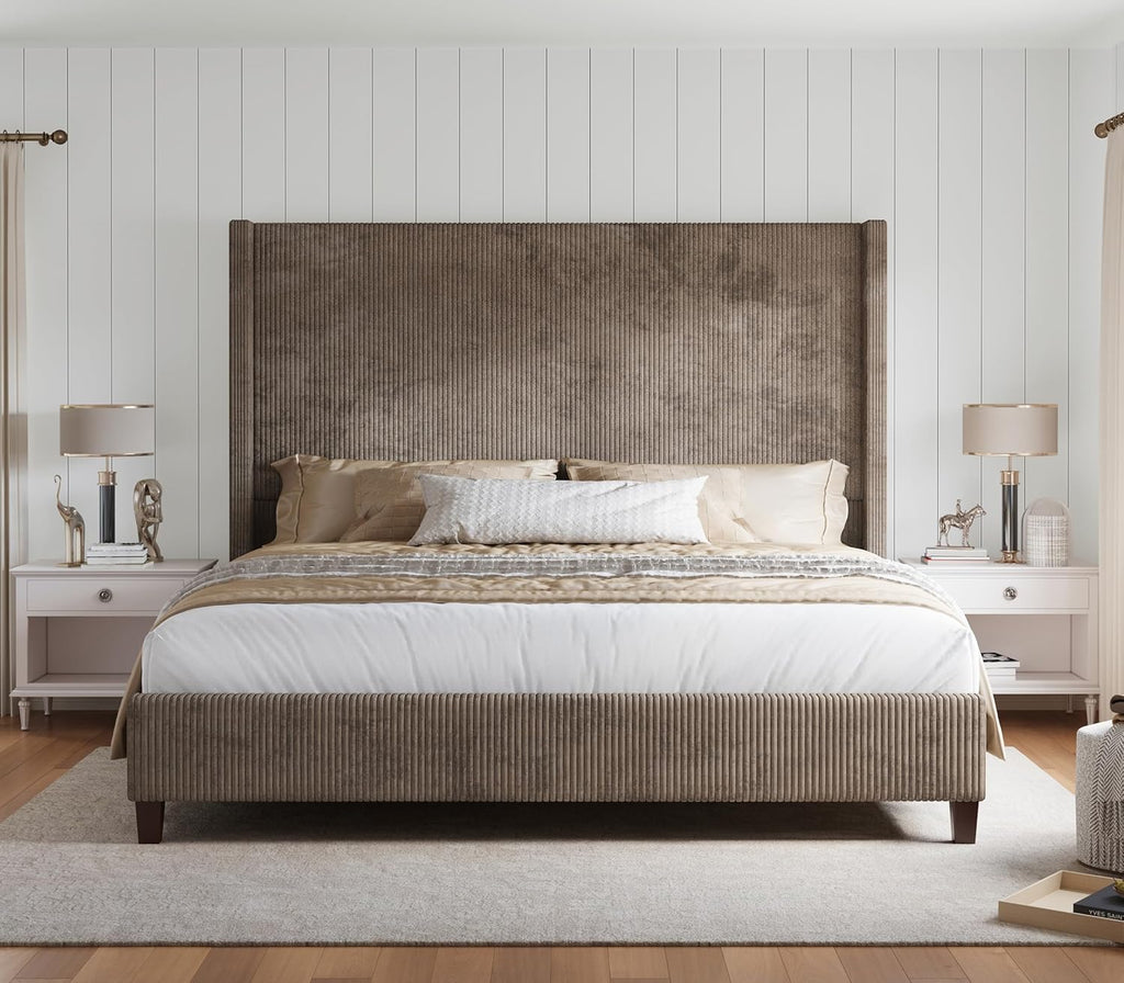 HOWE Upholstered King Size Bed Frame with 61" Wingback Headboard, Chestnut