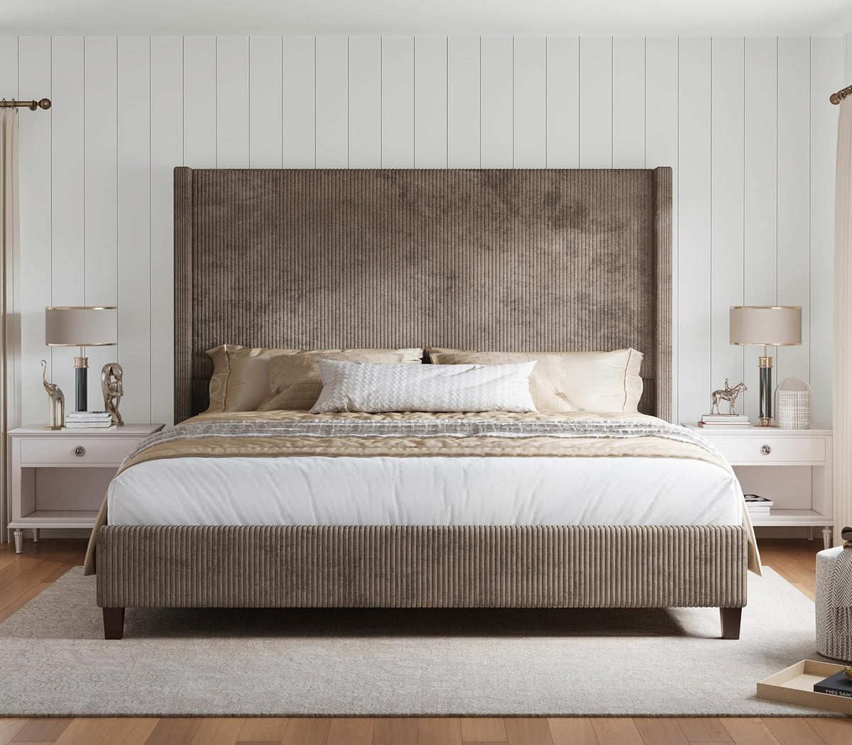 HOWE Upholstered King Size Bed Frame with 61" Wingback Headboard, Chestnut