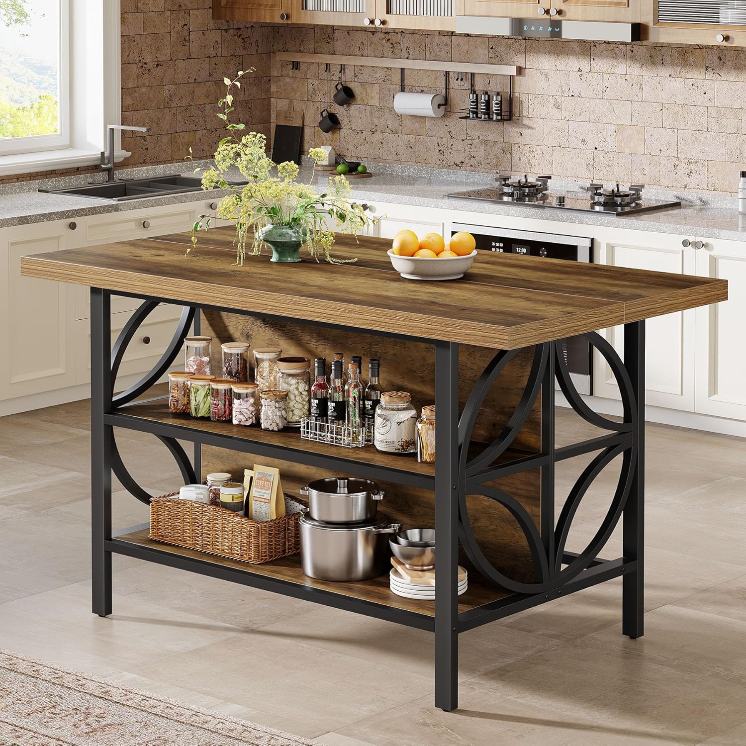 Tribesigns 62.99-Inch Kitchen Island with Storage, Kitchen Island Table with 2 Shelves and Large Worktop, Industrial Bar Table, Easy to Assemble, Rustic Brown (Stools Not Included)