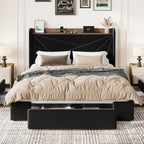 SHA CERLIN Queen Bed Frame, Storage Headboard with Drawers, Charging, Black