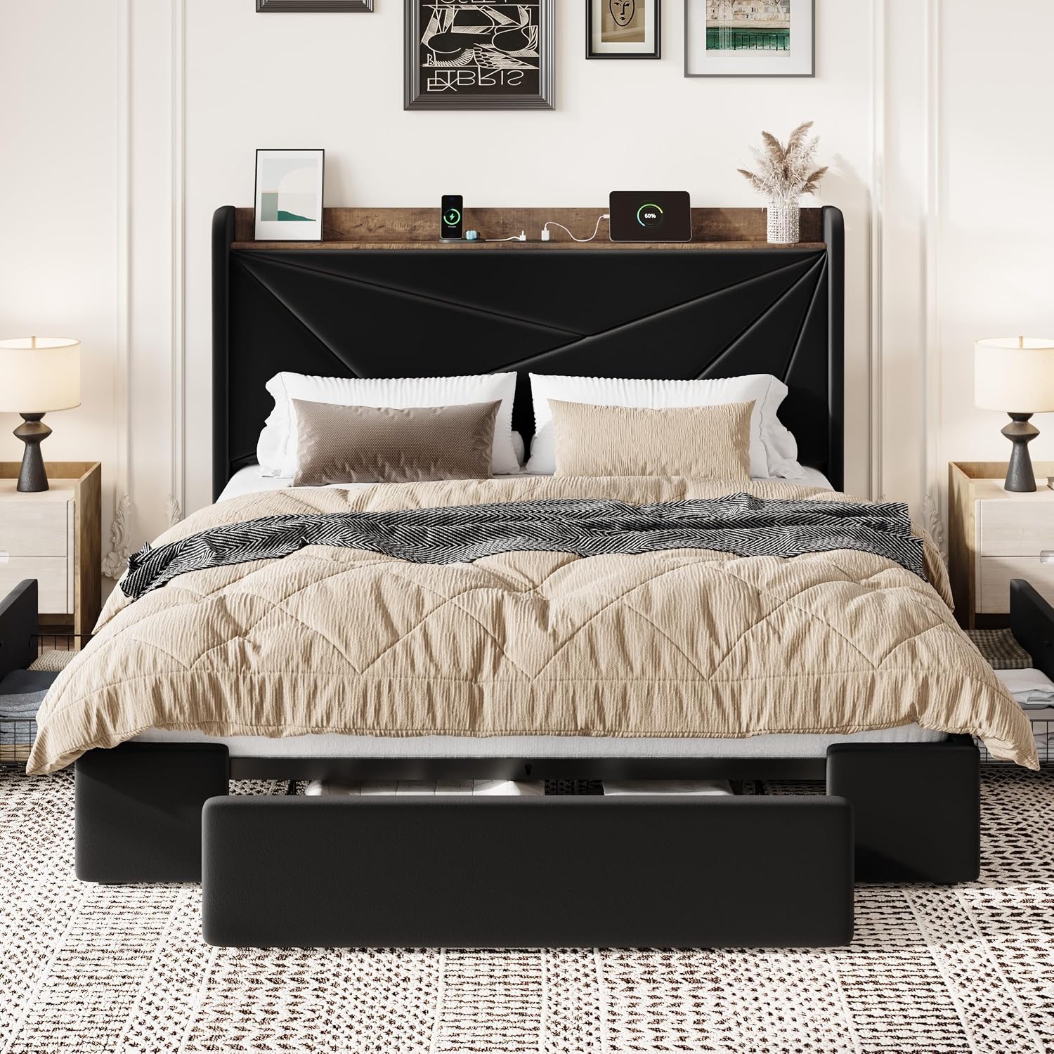 SHA CERLIN Queen Bed Frame, Storage Headboard with Drawers, Charging, Black