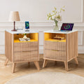 Fluted NightStand Set of 2, 18'' Wide 2 Drawers Side Table with Charging Station & LED Light, Large Modern Night Stand with Faux Marble Top, Wood Bedside Table for Bedroom, Living Room