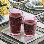 12pcs Vintage Drinking Glasses Set, 12 oz Highball Glasses & 9 oz Embossed Ribbed Glassware Cups for Cocktail, Water, Juice, Coffee, Whiskey (Pink)