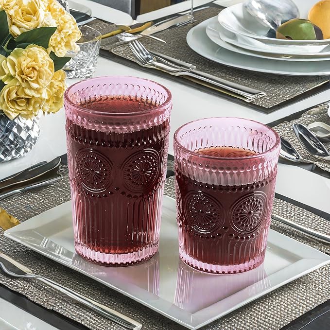 12pcs Vintage Drinking Glasses Set, 12 oz Highball Glasses & 9 oz Embossed Ribbed Glassware Cups for Cocktail, Water, Juice, Coffee, Whiskey (Pink)