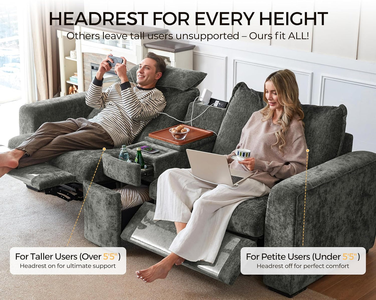 Oversized Modular Power Recliner Sofa Wall Hugger, Cloud Reclining Couch with Headrest, Storage Ottoman, Drawer Charging Cup Holder, Deep L-Shaped 6 Seater with Dual Electric Recliner, Chenille, Grey