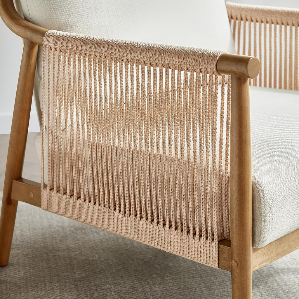 CHITA Braid Accent Chair Set of 2, Wood Frame and Paper-Cord Armrest, Cream | Boho Reading Armchair, FSC Certified Solid Wood Living Room Chair, Bedroom, 33.1"Dx26.4"Wx35.4"H, 300 Lb Capacity