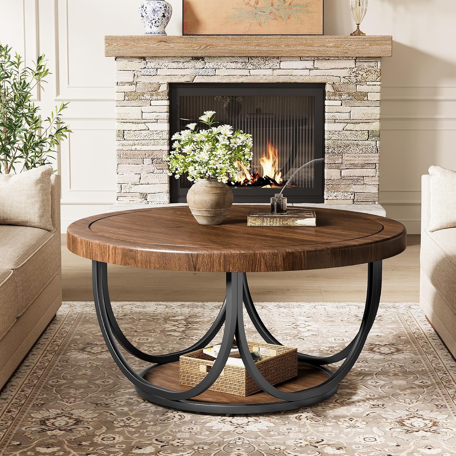 Tribesigns Round Coffee Table with 2 Tiers, 31.5" Wooden Circle Accent Cocktail Table with Storage Shelf and Metal Frame, Industrial Center Tables for Living Room, Brown & Black
