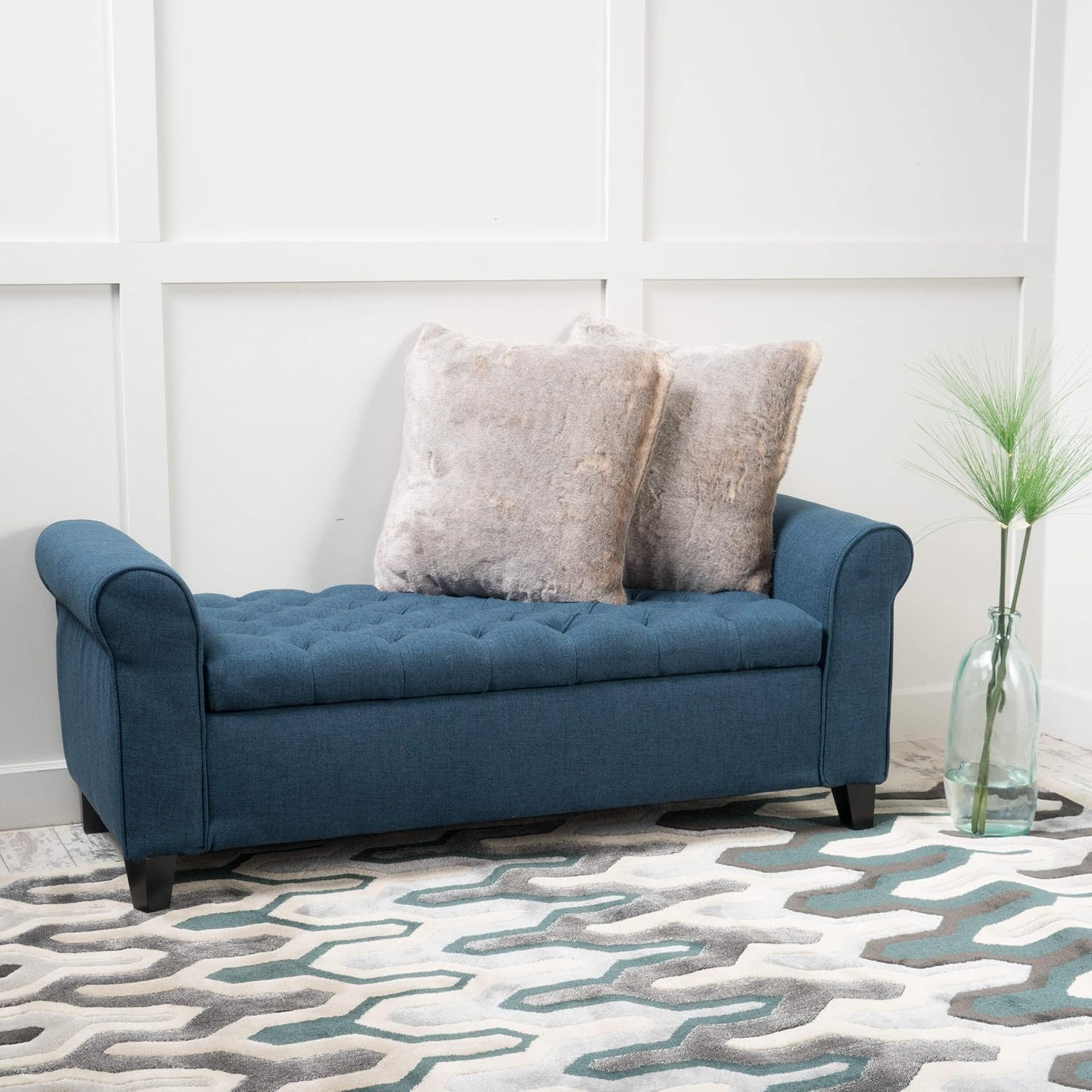 ‎GDF Studio Keiko Fabric Armed Storage Bench, Dark Blue, Dimensions: 19.75”D x 50.00”W x 20.5”H