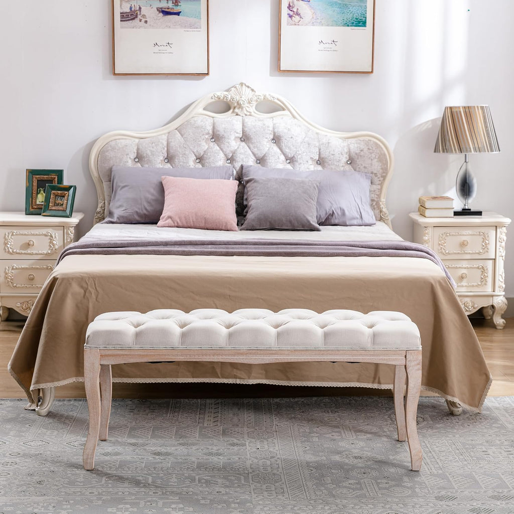 GDFStudio 43.3" French Country Bedroom Bench, Tufted Upholstered End of Bed Bench with Carved Rubber Wood Legs, Vintage Linen Entryway Bench Seat for Living Room, Foyer, Dining Room, Beige