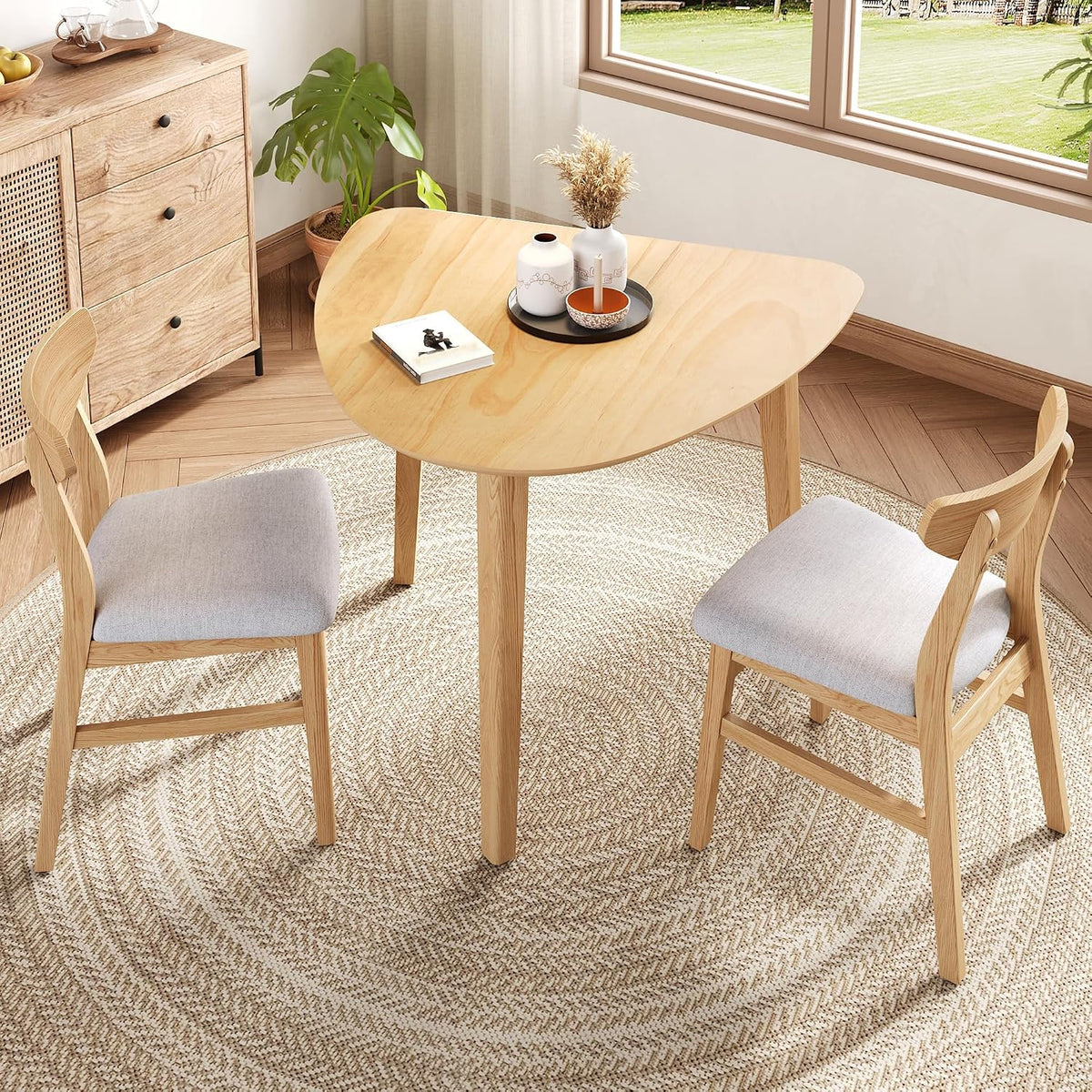 P PURLOVE Modern 3 Piece Table Set, Triangular Table and 2 Curved Wood Chairs for Living Room, Dining Room, Kitchen, Small Space, Minimalist Space-Saving (Natural)