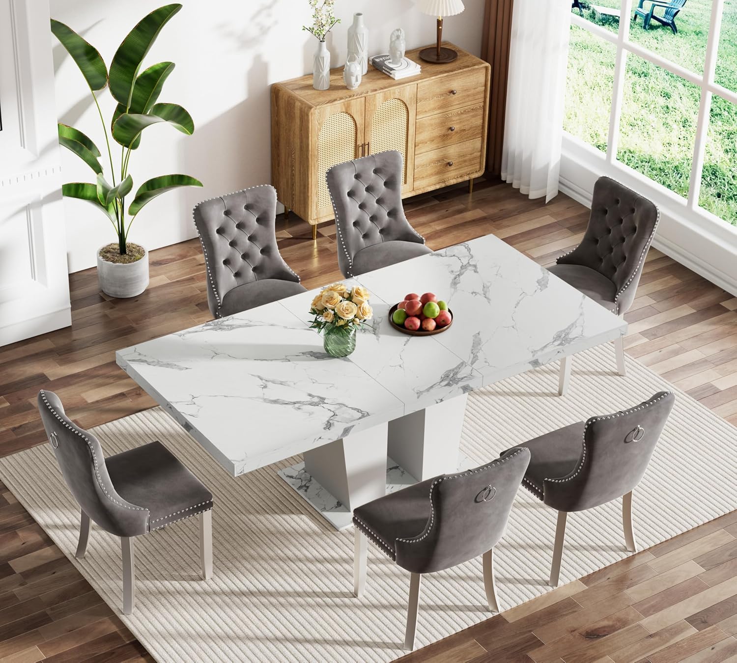 Rustic 7 Piece Dining Table Set, 62.99"-78.74" Extendable Dining Table & 6 Gray Velvet Dining Chairs with Stainless Leg, White Expandable Dining Room Table and Chairs Set