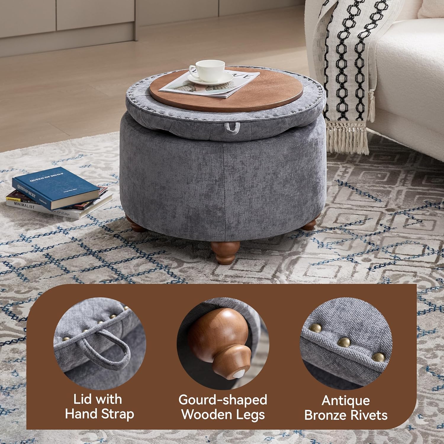 WUTUTUEE 24Inch Round Storage Ottoman with Tray, Modern Tufted Circle Coffee Table with Storage, Upholstered Ottoman with Removable Top for Living Room, Bedroom, Chenille Blue
