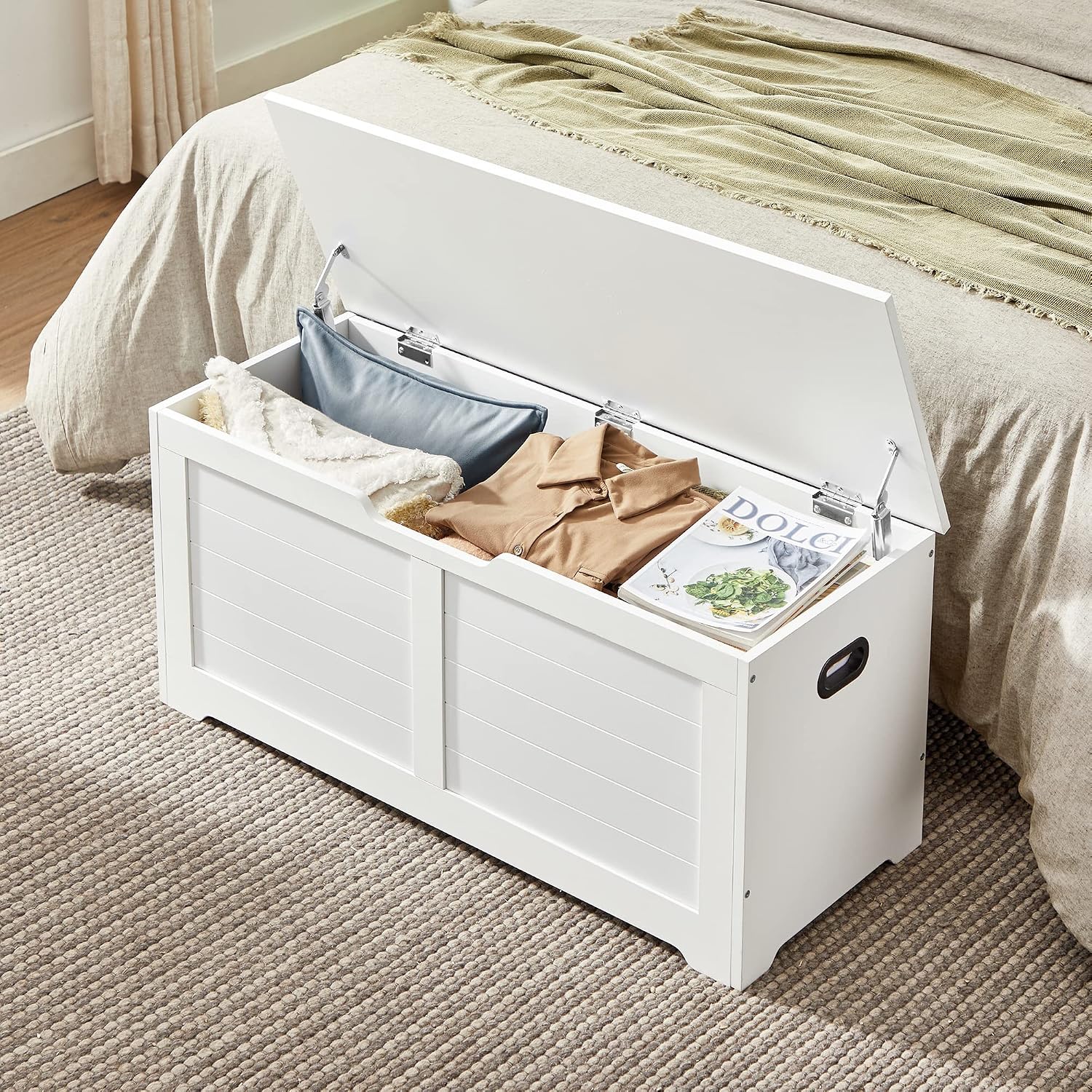 VASAGLE Storage Chest, 39.4 Inches Width Bench with 2 Safety Hinges | Farmhouse Style, for Entryway, Bedroom, Living Room, Cloud White, SOFIE Collection ULSB061T10