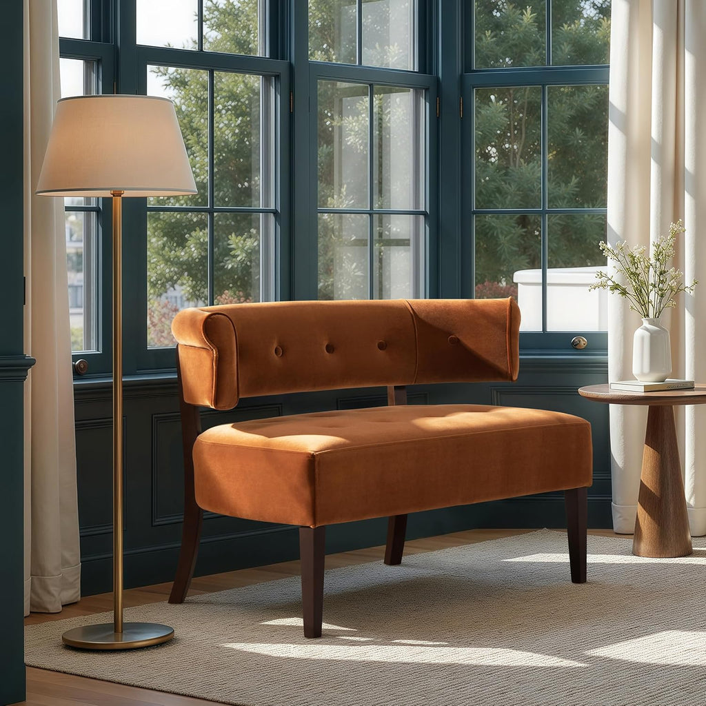 Jennifer Taylor Home Jared Roll Arm Tufted Bench with Back Settee in Burnt Orange Performance Velvet
