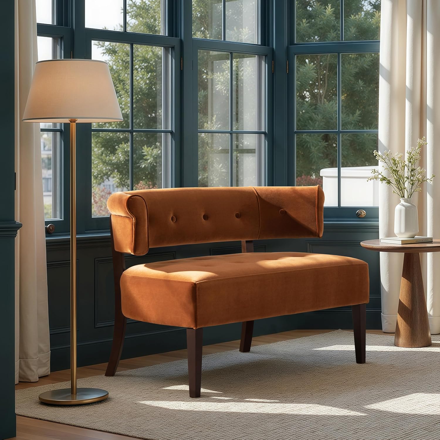 Jennifer Taylor Home Jared Roll Arm Tufted Bench with Back Settee in Burnt Orange Performance Velvet