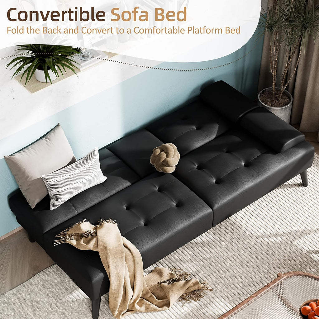 Shintenchi 64" Futon Sofa Bed, Leather Foldable Couch, Upholstered Loveseat Sofa Couch with Folding Cup Holders, Reclining Sleeper with Removable Armrests for Home, Office, Black
