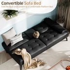 Shintenchi 64" Futon Sofa Bed, Leather Foldable Couch, Upholstered Loveseat Sofa Couch with Folding Cup Holders, Reclining Sleeper with Removable Armrests for Home, Office, Black