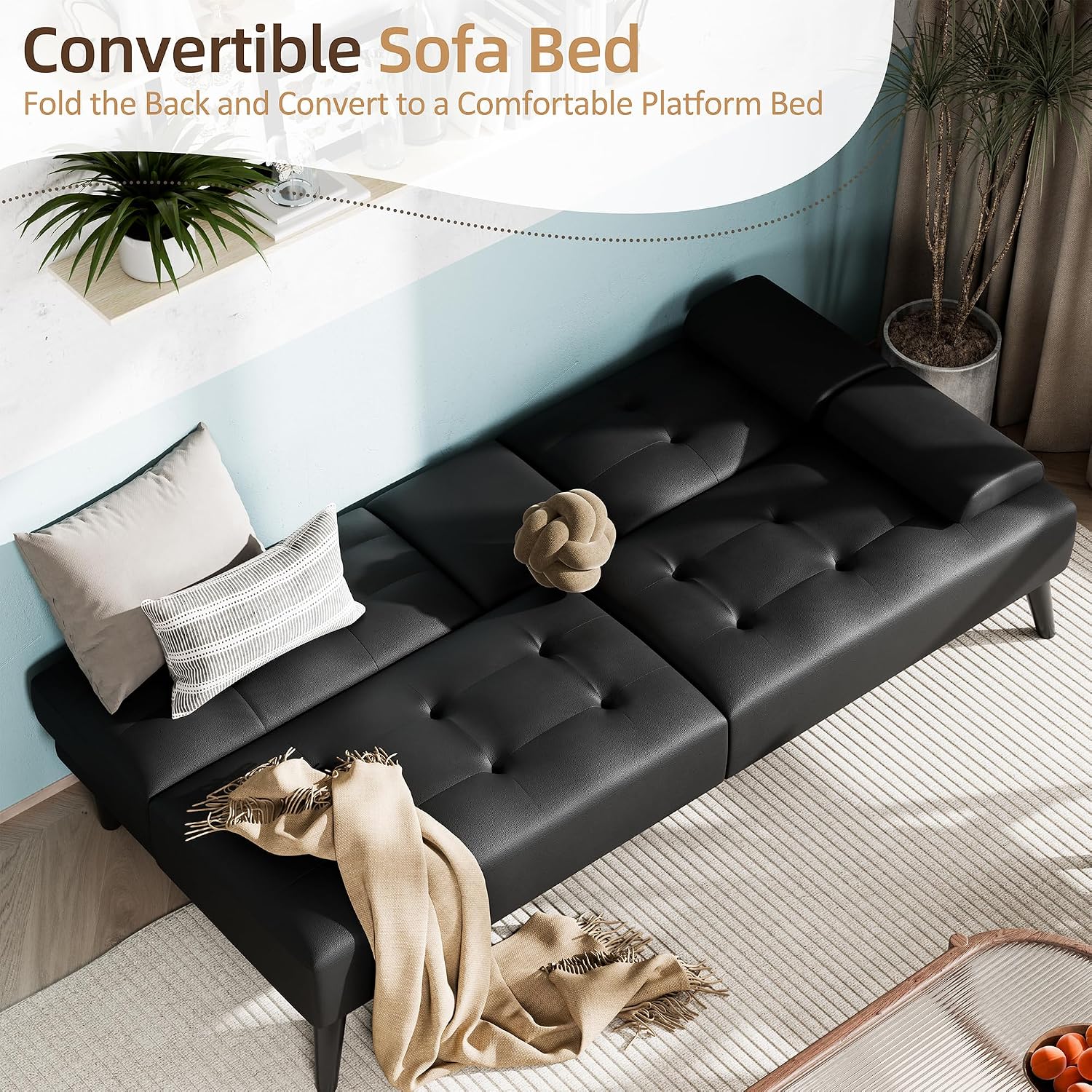 Shintenchi 64" Futon Sofa Bed, Leather Foldable Couch, Upholstered Loveseat Sofa Couch with Folding Cup Holders, Reclining Sleeper with Removable Armrests for Home, Office, Black