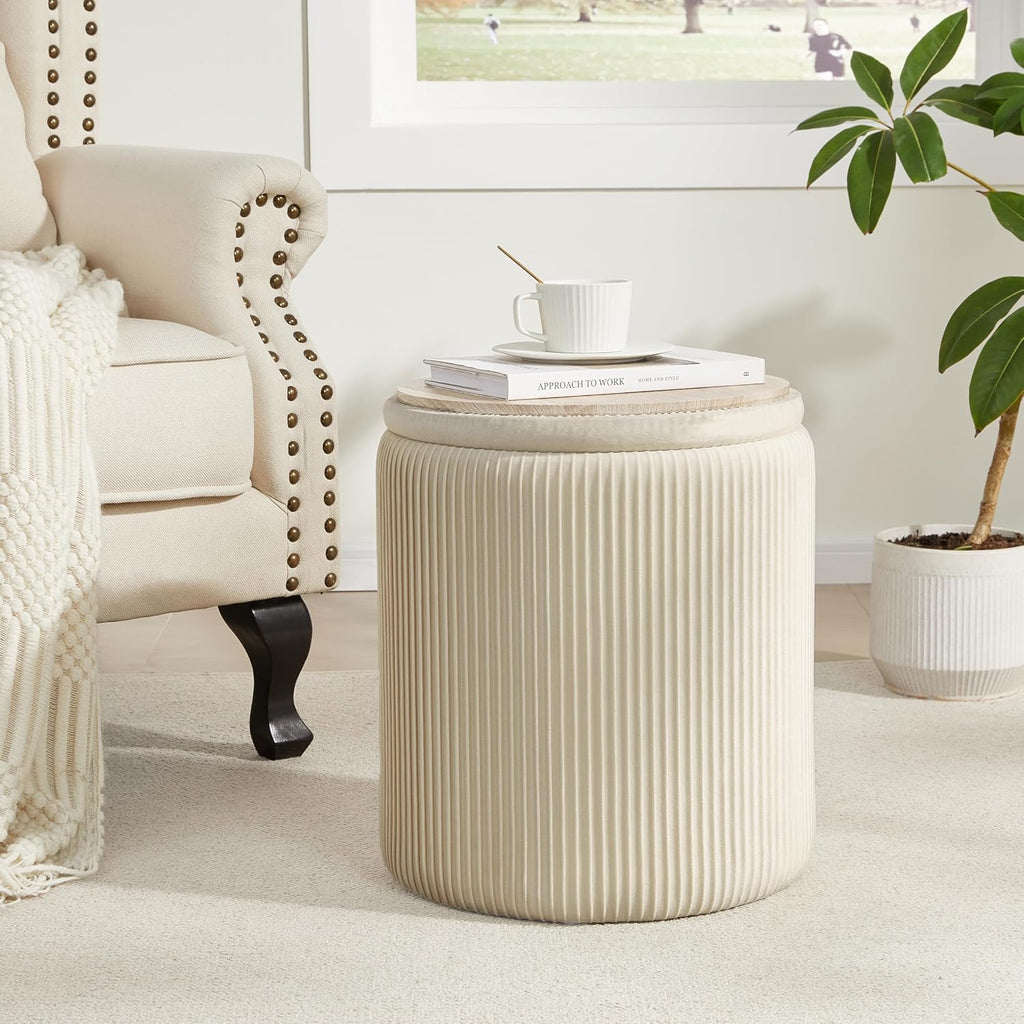 Royal Windsor Round Ottoman with Storage Set of 2,Vanity Stool with Storage for Bedroom, Ottoman Coffee Table,Small Velvet Foot Stool for Living Room, Beige