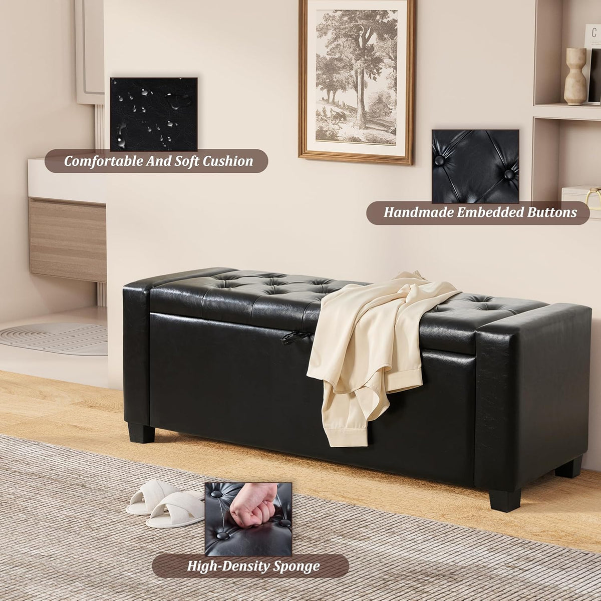 Royal Windsor Ottoman with Storage,Tufted Storage Bench with Safety Hinge,Holds up to 350 lb,Upholstered Bench with Seating for Bedroom, Living Room,Entryway,Leather Black