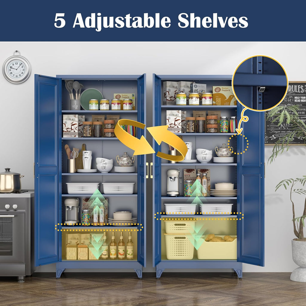 SteeLoong 75”Metal Pantry Storage Cabinet with Doors & 5 Adjustable Shelves | Kitchen Pantry Cabinet,Blue Kitchen Cabinet with 2 Gold Handles,Tall Cabinet for Livingroom,Pantry, Bathroom,Kitchen,Garage
