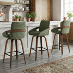 26" Swivel Counter Height Bar Stools Set of 3, Moss Green | Walnut Bentwood Back, Linen-Texture Fabric, Mid-Century Modern Style, 360° Swivel, 350 LBS Weight Capacity