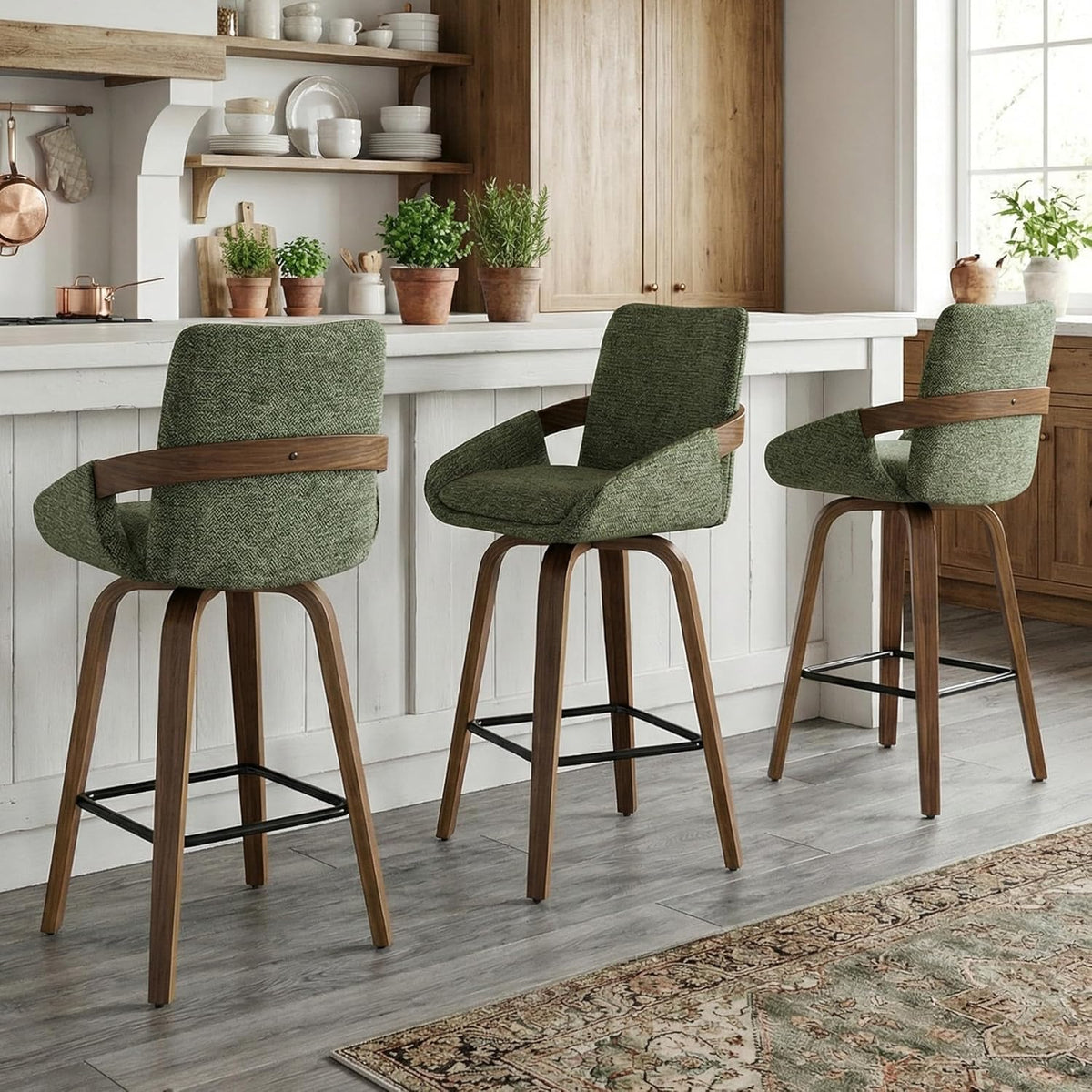 26" Swivel Counter Height Bar Stools Set of 3, Moss Green | Walnut Bentwood Back, Linen-Texture Fabric, Mid-Century Modern Style, 360° Swivel, 350 LBS Weight Capacity