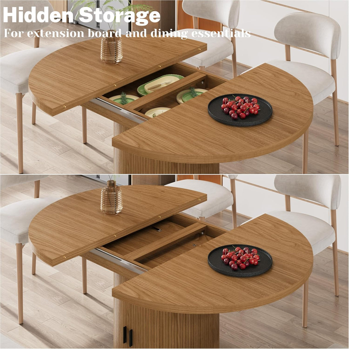 Vipbear Extendable Dining Table 43-59" for 4-6 People, Solid Wood Top with Fluted Slide Door & 8-Compartment Storage, Space Saving Round Dining Room Kitchen Dinner Tables with Pedestal Base (Walnut)